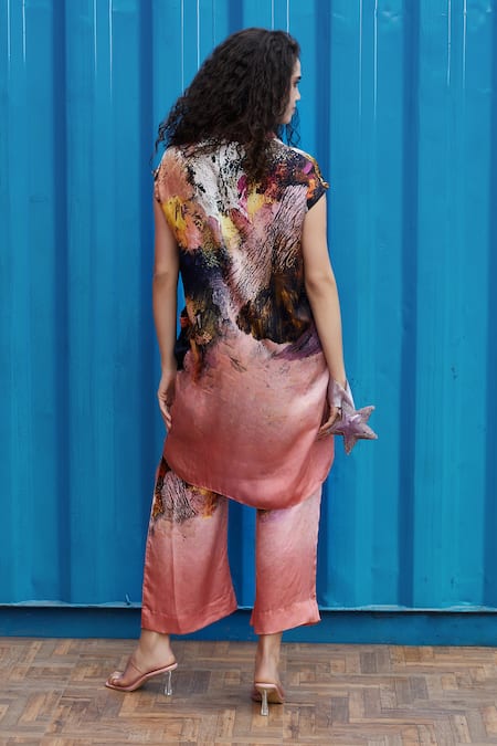 She'll Coral Multi Color Satin Shirt & Pant Set 