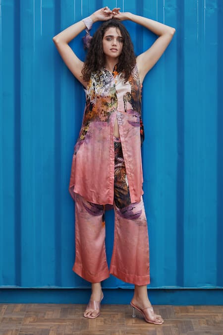 She'll Coral Multi Color Satin Shirt & Pant Set 