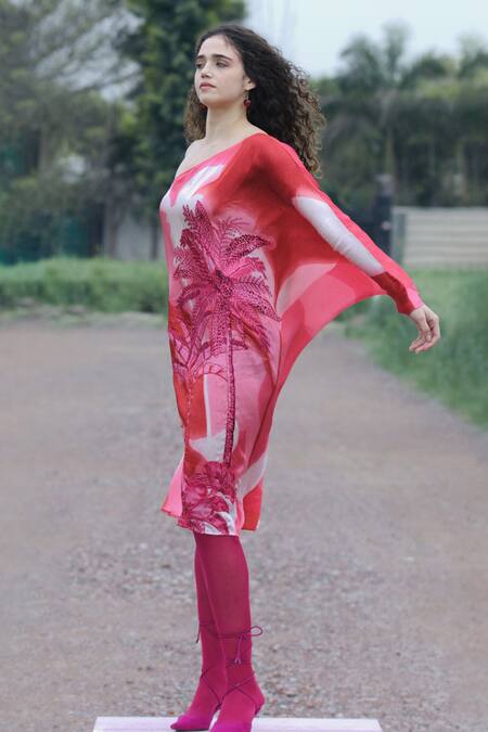 She'll_Pink Satin Embroidery One Shoulder Designer Dress _Online_at_Aza_Fashions