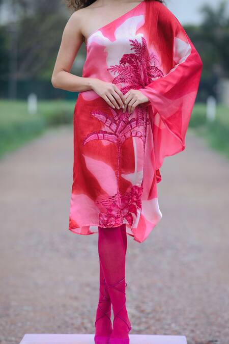 Buy_She'll_Pink Satin Embroidery One Shoulder Designer Dress _Online_at_Aza_Fashions