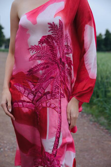 Buy_She'll_Pink Satin Embroidery One Shoulder Designer Dress 