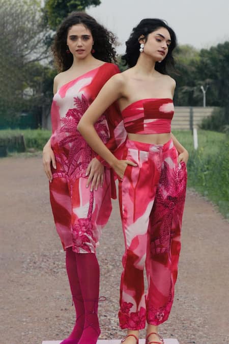 She'll_Pink Satin Bandeau Neck Bralette And Pant Set _Online_at_Aza_Fashions