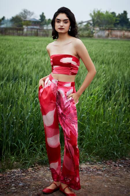 She'll_Pink Satin Bandeau Neck Bralette And Pant Set _at_Aza_Fashions