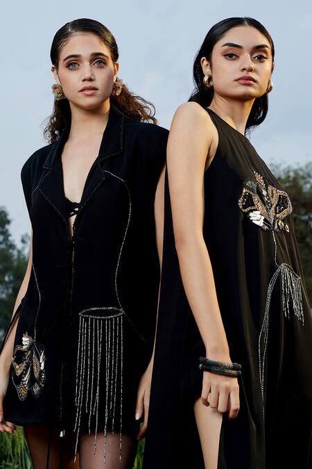 Shop_She'll_Black Beads, Sequins Round Neck Japanese Twill Designer Set _Online_at_Aza_Fashions