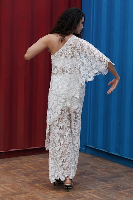 She'll Ivory Floral Lace Asymmetrical Top & Pants 