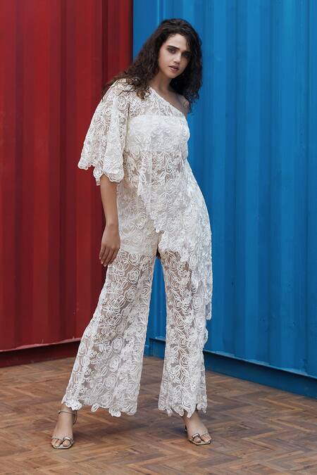 Shop_She'll_Ivory Asymmetric Floral Top And Pants _Online_at_Aza_Fashions