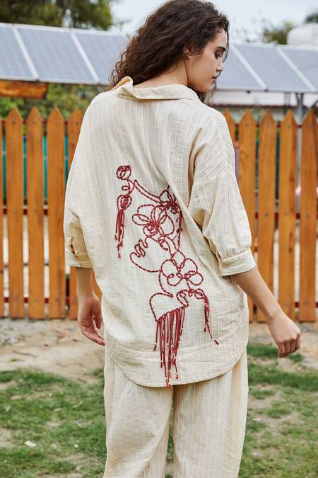 She'll_Beige Cotton Embroidery Collared Ecru Stripe Dobby Set _Online_at_Aza_Fashions