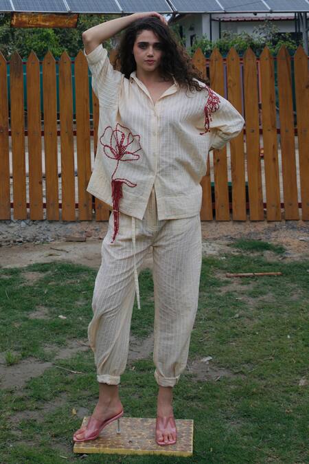 Buy_She'll_Beige Cotton Embroidery Collared Ecru Stripe Dobby Set _Online_at_Aza_Fashions