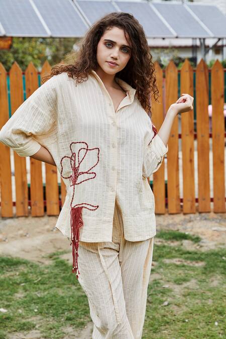 Shop_She'll_Beige Cotton Embroidery Collared Ecru Stripe Dobby Set _Online_at_Aza_Fashions