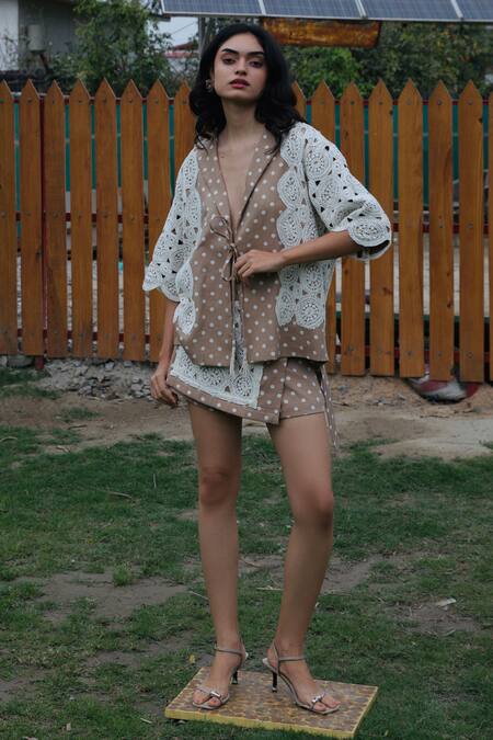 She'll_Tan Lace V-neck Cotton Twill Shirt And Skorts Set _at_Aza_Fashions