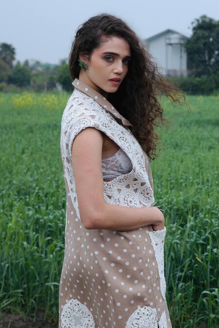 She'll_Tan Lace Collared Polka Dot Jacket Dress _Online_at_Aza_Fashions