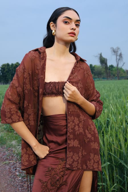 She'll_Brown Georgette, Satin Embroidery Open Neck Mocha Cross-stitch Set _Online_at_Aza_Fashions