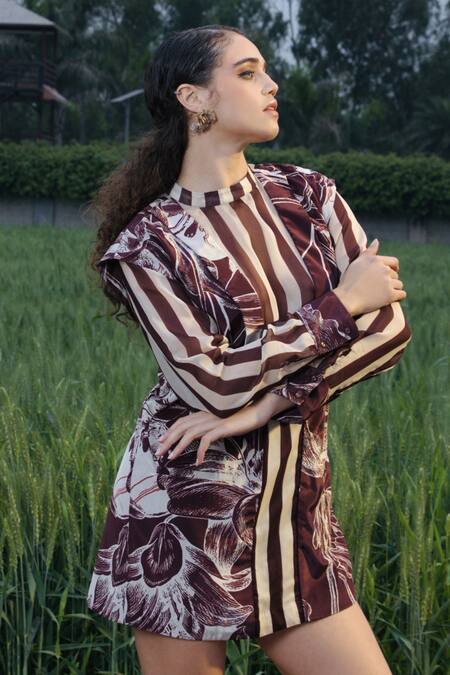 Buy_She'll_Brown Organza, Crepe Round Neck Floral Print Blazer Dress _Online_at_Aza_Fashions