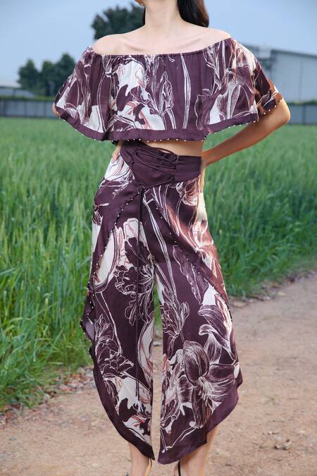 Shop She'll Brown Crepe Off-shoulder Floral Print Top And Pants Set Shop_She'll_Brown Crepe Off-shoulder Floral Print Top And Pants Set