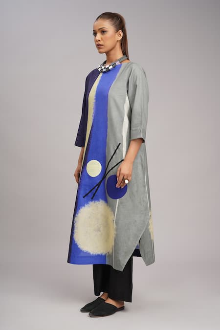 Shop_Taika By Poonam Bhagat_Multi Color Silk Embroidery Round Neck Cloud Abstract Art Tunic _Online_at_Aza_Fashions