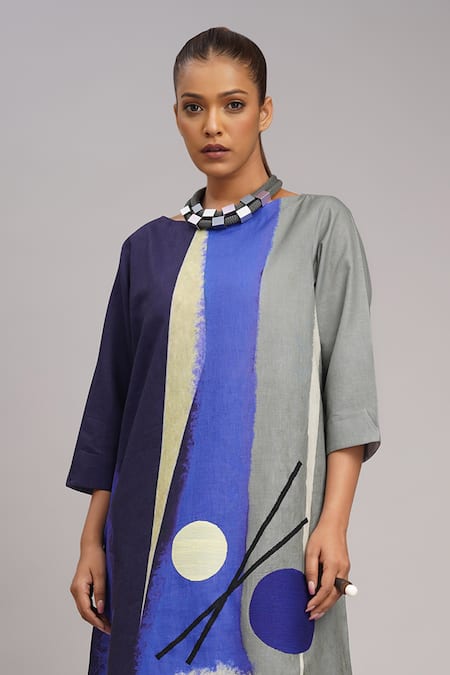 Buy_Taika By Poonam Bhagat_Multi Color Silk Embroidery Round Neck Cloud Abstract Art Tunic 