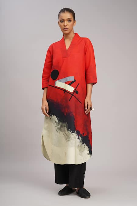 Taika By Poonam Bhagat Multi Color Linen Embroidery Mandarin Collar Red Bauhaus Tunic