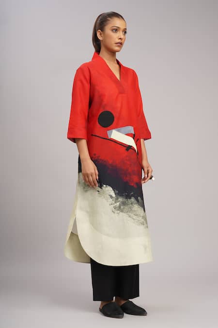 Taika By Poonam Bhagat Multi Color Silk Embroidery V-neck Red Bauhaus Abstract Art Print Tunic Online at Aza Fashions Taika By Poonam Bhagat_Multi Color Silk Embroidery V-neck Red Bauhaus Abstract Art Print Tunic _Online_at_Aza_Fashions