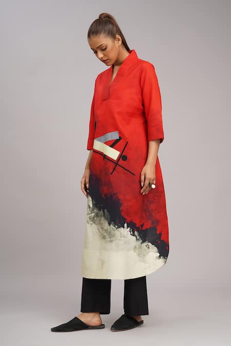 Buy Taika By Poonam Bhagat Multi Color Silk Embroidery V-neck Red Bauhaus Abstract Art Print Tunic Online at Aza Fashions Buy_Taika By Poonam Bhagat_Multi Color Silk Embroidery V-neck Red Bauhaus Abstract Art Print Tunic _Online_at_Aza_Fashions