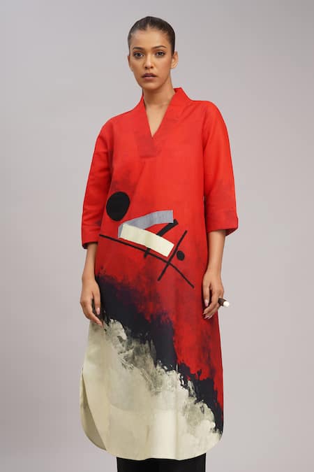 Shop Taika By Poonam Bhagat Multi Color Silk Embroidery V-neck Red Bauhaus Abstract Art Print Tunic Online at Aza Fashions Shop_Taika By Poonam Bhagat_Multi Color Silk Embroidery V-neck Red Bauhaus Abstract Art Print Tunic _Online_at_Aza_Fashions
