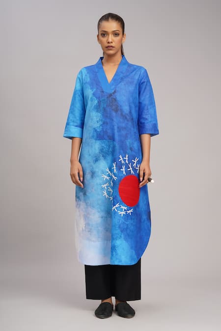 Shop_Taika By Poonam Bhagat_Multi Color Silk Embroidery, Foil Printing V-neck, Collared Sky Printed Tunic _Online_at_Aza_Fashions