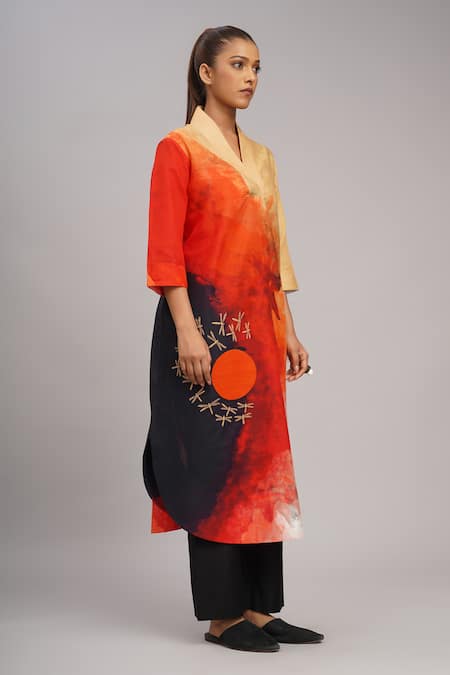 Shop_Taika By Poonam Bhagat_Multi Color Silk Embroidery V-neck, Collared Fire Abstract Art Print Tunic _Online_at_Aza_Fashions