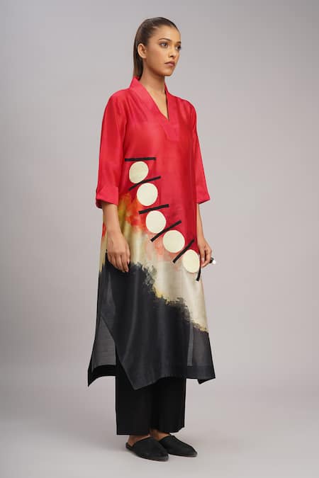 Buy_Taika By Poonam Bhagat_Multi Color Silk Embroidery V-neck Watermelon Print Tunic _Online_at_Aza_Fashions