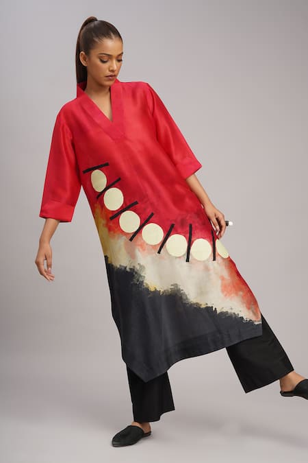 Shop_Taika By Poonam Bhagat_Multi Color Silk Embroidery V-neck Watermelon Print Tunic _Online_at_Aza_Fashions