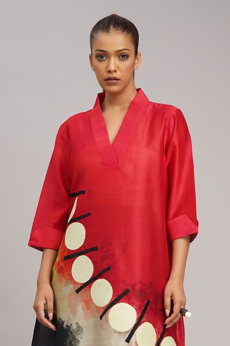 Taika By Poonam Bhagat_Multi Color Silk Embroidery V-neck Watermelon Print Tunic _at_Aza_Fashions