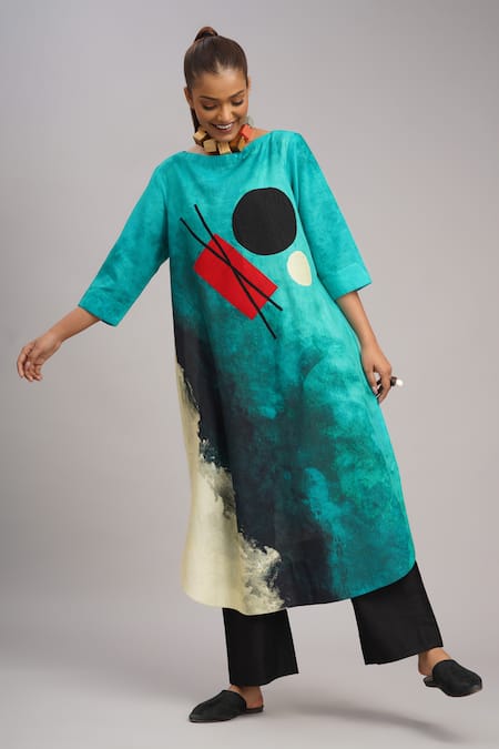 Taika By Poonam Bhagat_Multi Color Silk Embroidery Boat Neck Aqua Abstract Art Print Tunic _Online_at_Aza_Fashions