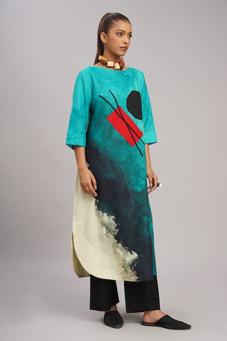 Shop_Taika By Poonam Bhagat_Multi Color Silk Embroidery Boat Neck Aqua Abstract Art Print Tunic _Online_at_Aza_Fashions