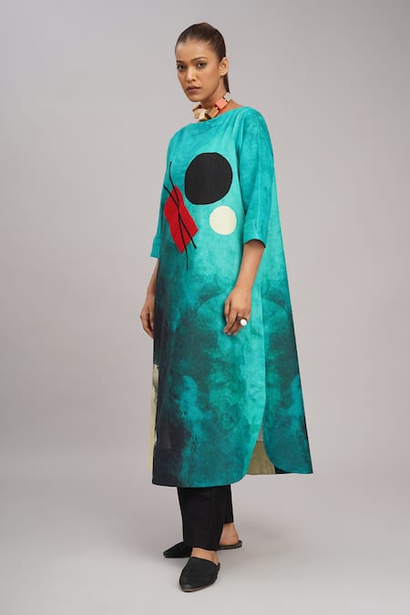 Taika By Poonam Bhagat_Multi Color Silk Embroidery Boat Neck Aqua Abstract Art Print Tunic _at_Aza_Fashions
