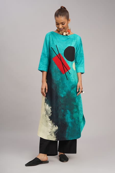 Taika By Poonam Bhagat Multi Color Linen Round Neck Abstract Art Tunic 