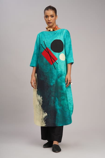 Buy_Taika By Poonam Bhagat_Multi Color Silk Embroidery Boat Neck Aqua Abstract Art Print Tunic 