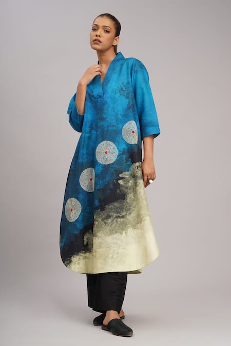 Shop_Taika By Poonam Bhagat_Multi Color Silk Embroidery V-neck, Collared Ocean Abstract Print Tunic _Online_at_Aza_Fashions