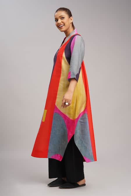 Taika By Poonam Bhagat_Multi Color Silk Embroidery V-neck, Collared Jigsaw Printed Tunic _Online_at_Aza_Fashions