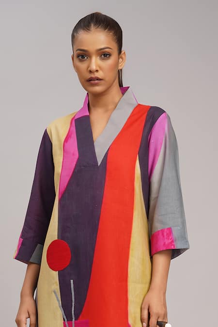Shop_Taika By Poonam Bhagat_Multi Color Silk Embroidery V-neck, Collared Jigsaw Printed Tunic _Online_at_Aza_Fashions