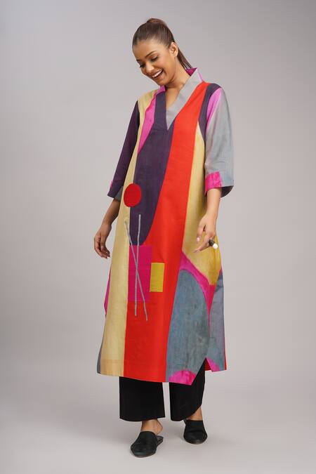 Shop_Taika By Poonam Bhagat_Multi Color Silk Embroidery V-neck, Collared Jigsaw Printed Tunic 