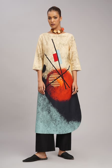 Taika By Poonam Bhagat_Multi Color Silk Embroidery, Foil Printing Cream Cheese Abstract Art Tunic _Online_at_Aza_Fashions