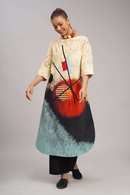 Buy_Taika By Poonam Bhagat_Multi Color Silk Embroidery, Foil Printing Cream Cheese Abstract Art Tunic _Online_at_Aza_Fashions