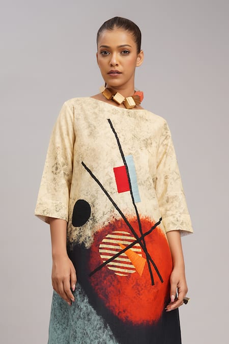 Shop_Taika By Poonam Bhagat_Multi Color Silk Embroidery, Foil Printing Cream Cheese Abstract Art Tunic _Online_at_Aza_Fashions