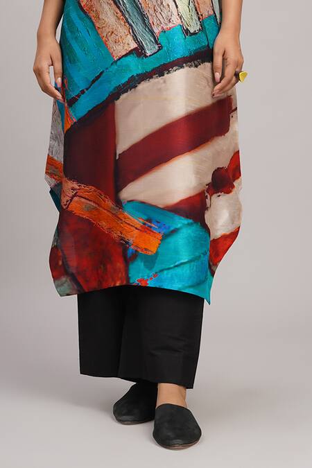 Buy_Taika By Poonam Bhagat_Multi Color Silk Embroidery, Foil Printing V-neck, Collared Lapiz Printed Tunic _Online_at_Aza_Fashions