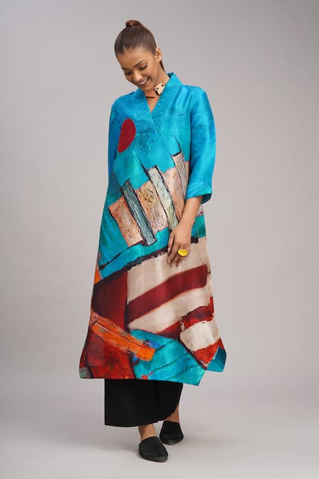 Shop_Taika By Poonam Bhagat_Multi Color Silk Embroidery, Foil Printing V-neck, Collared Lapiz Printed Tunic _Online_at_Aza_Fashions