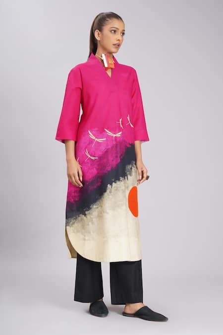 Taika By Poonam Bhagat_Multi Color Silk Embroidery V-neck, Collared Pink Jam Abstract Print Tunic _Online_at_Aza_Fashions