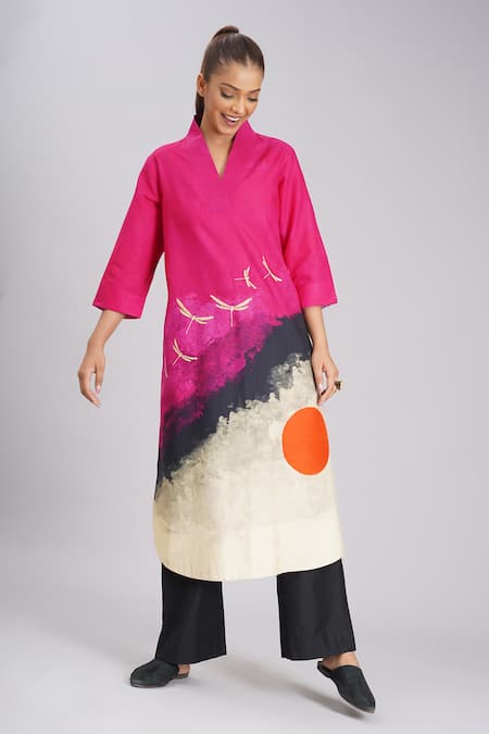 Buy_Taika By Poonam Bhagat_Multi Color Silk Embroidery V-neck, Collared Pink Jam Abstract Print Tunic _Online_at_Aza_Fashions