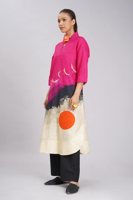 Shop_Taika By Poonam Bhagat_Multi Color Silk Embroidery V-neck, Collared Pink Jam Abstract Print Tunic _Online_at_Aza_Fashions