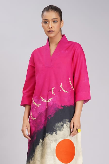 Buy_Taika By Poonam Bhagat_Multi Color Silk Embroidery V-neck, Collared Pink Jam Abstract Print Tunic 