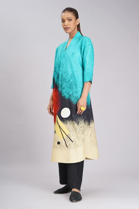 Taika By Poonam Bhagat_Multi Color Silk Embroidery, Foil Printing Split Beach Abstract Art Tunic _Online_at_Aza_Fashions