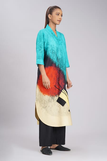 Buy_Taika By Poonam Bhagat_Multi Color Silk Embroidery, Foil Printing Split Beach Abstract Art Tunic _Online_at_Aza_Fashions