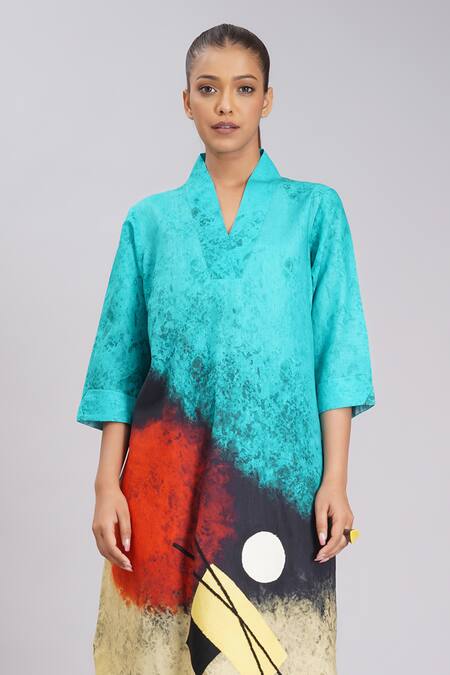 Shop_Taika By Poonam Bhagat_Multi Color Silk Embroidery, Foil Printing Split Beach Abstract Art Tunic _Online_at_Aza_Fashions